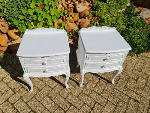 French Chest of Drawers and Matching Pedestals. Beautiful Carvings. Rose Porcelain Knobs.