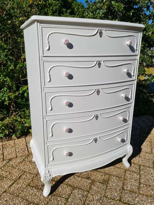 French Chest of Drawers and Matching Pedestals. Beautiful Carvings. Rose Porcelain Knobs.