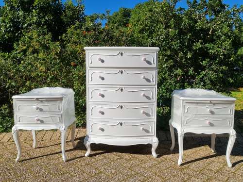 French Chest of Drawers and Matching Pedestals. Beautiful Carvings. Rose Porcelain Knobs.
