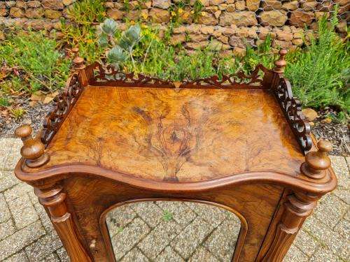 Antique 19th Century burr walnut inlaid music cabinet with Beautiful Trellis Work. Exquisite!