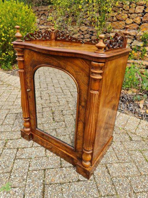 Antique 19th Century burr walnut inlaid music cabinet with Beautiful Trellis Work. Exquisite!