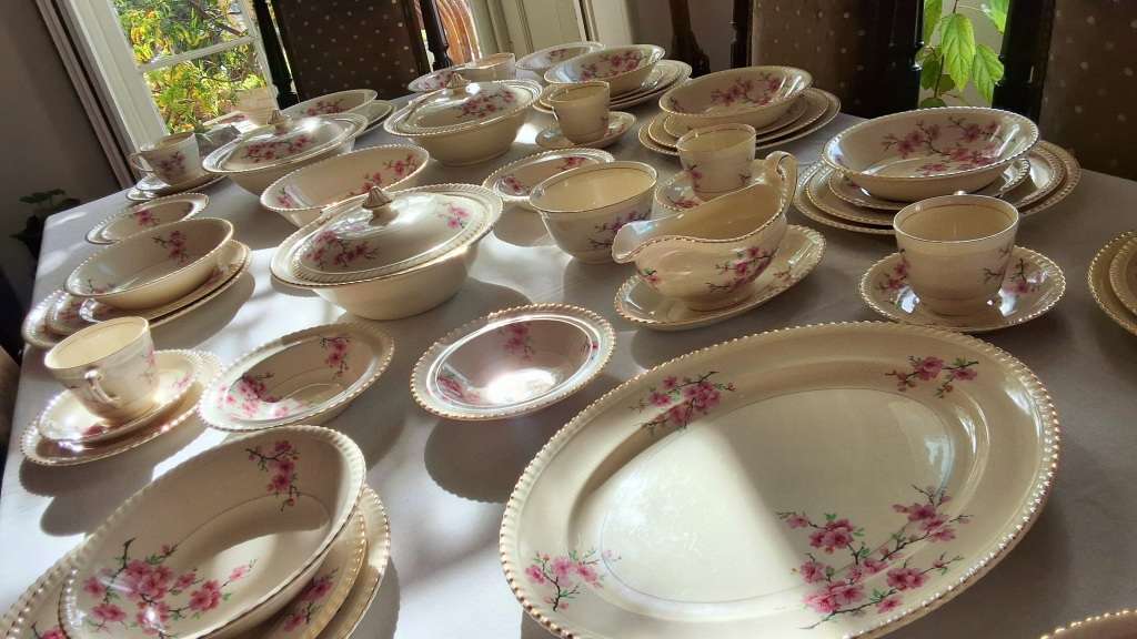 Dinner Set: Gold Trim & Pink Carnations by Johnson Bros
