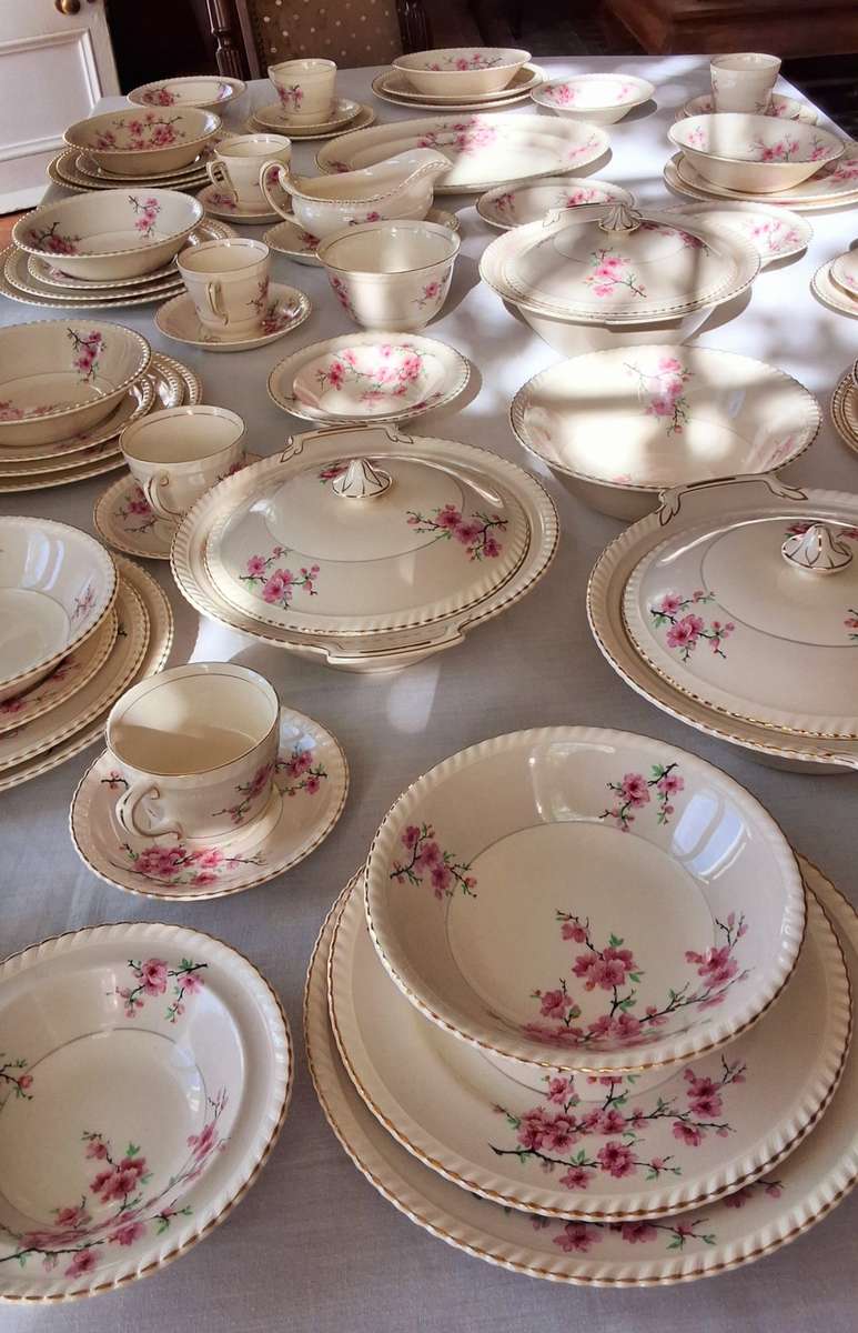 Dinner Set: Gold Trim & Pink Carnations by Johnson Bros