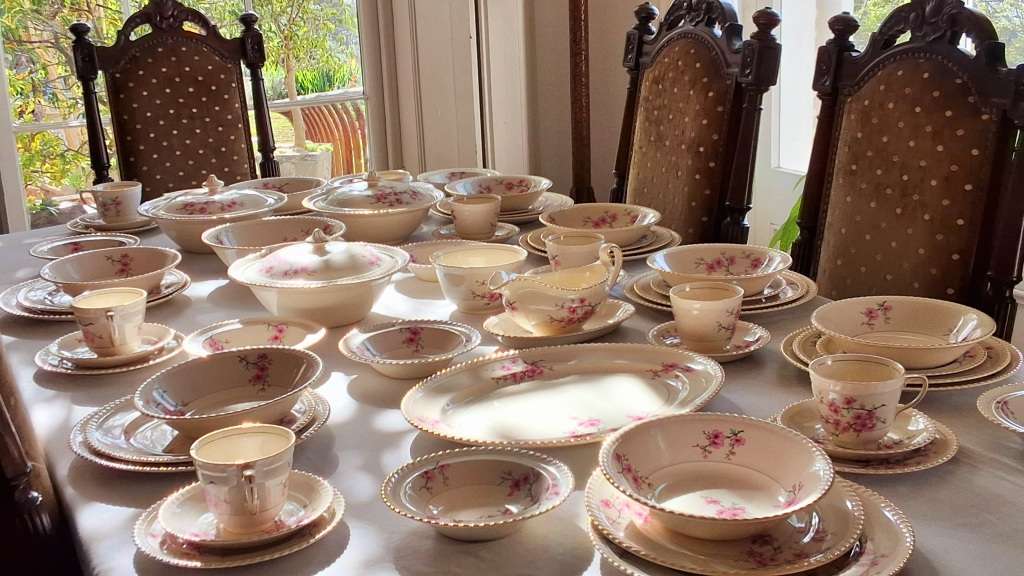 Dinner Set: Gold Trim & Pink Carnations by Johnson Bros