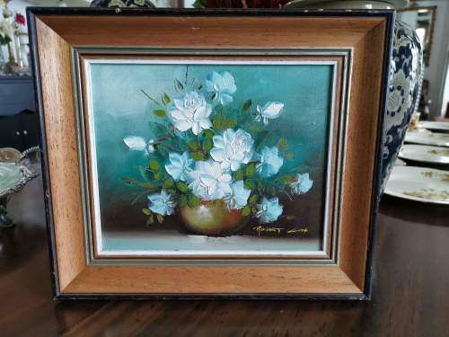 Gorgeous Little Original Oil Painting by Robert Cox of White Roses in Vase.