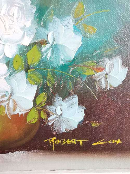 Gorgeous Little Original Oil Painting by Robert Cox of White Roses in Vase.