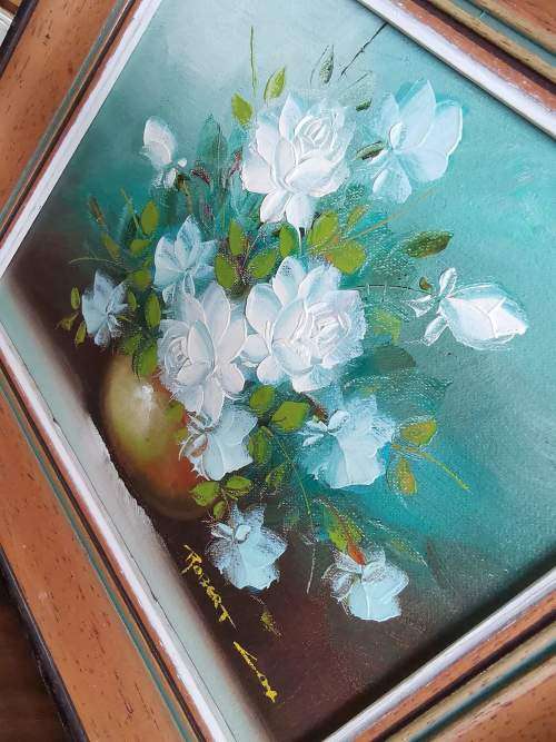 Gorgeous Little Original Oil Painting by Robert Cox of White Roses in Vase.