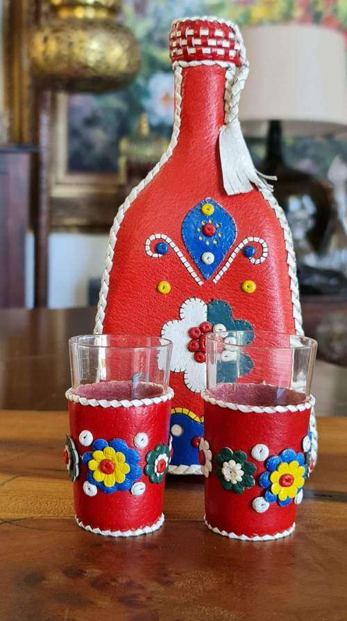 Decanter Leather Encased  Triangle Shaped with 2 Shot Glasses from Yugoslavia!