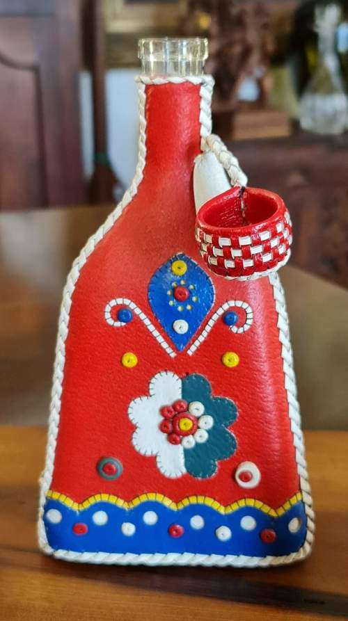 Decanter Leather Encased  Triangle Shaped with 2 Shot Glasses from Yugoslavia!