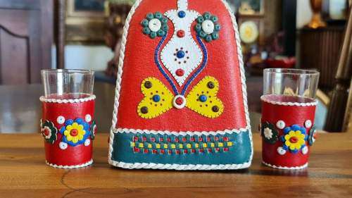 Decanter Leather Encased  Triangle Shaped with 2 Shot Glasses from Yugoslavia!