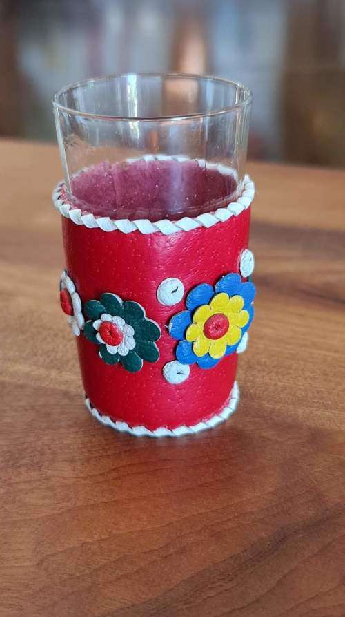 Decanter Leather Encased  Triangle Shaped with 2 Shot Glasses from Yugoslavia!