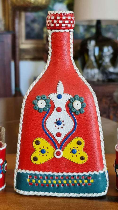 Decanter Leather Encased  Triangle Shaped with 2 Shot Glasses from Yugoslavia!