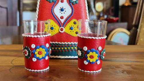 Decanter Leather Encased  Triangle Shaped with 2 Shot Glasses from Yugoslavia!