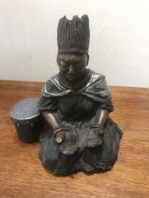COLD CAST BRONZE SCULPTURE - OLD AFRICAN LADY WITH DRUM