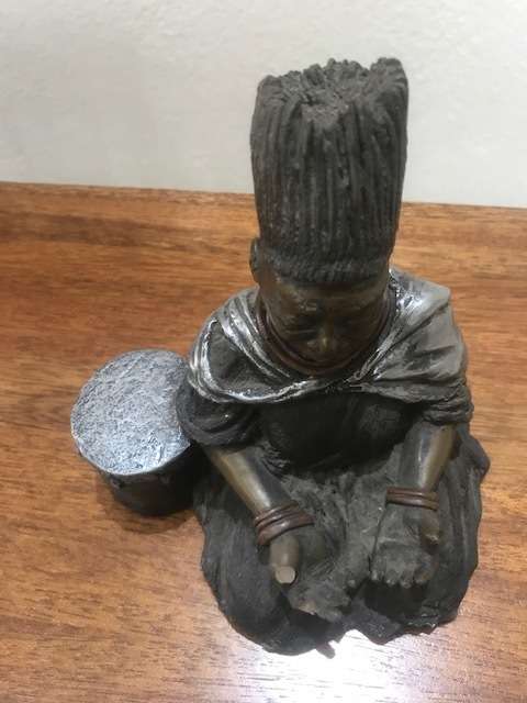 COLD CAST BRONZE SCULPTURE - OLD AFRICAN LADY WITH DRUM