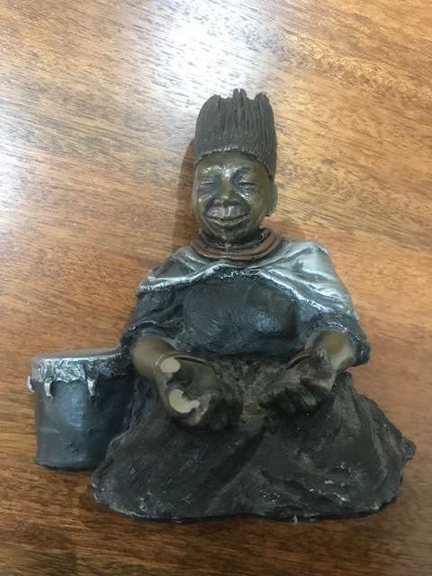 COLD CAST BRONZE SCULPTURE - OLD AFRICAN LADY WITH DRUM