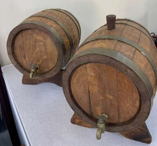 2 x large vintage SOLID OAK - HEAVY whiskey barrels