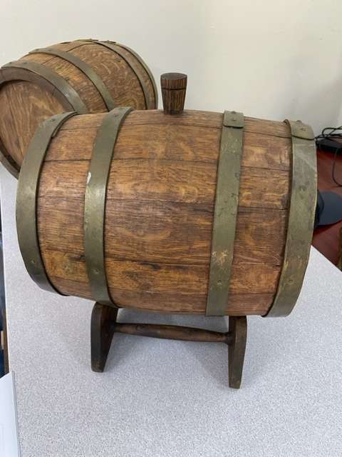 2 x large vintage SOLID OAK - HEAVY whiskey barrels