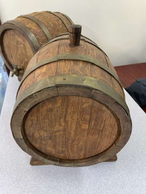 2 x large vintage SOLID OAK - HEAVY whiskey barrels