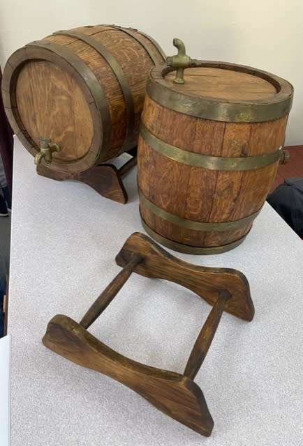 2 x large vintage SOLID OAK - HEAVY whiskey barrels