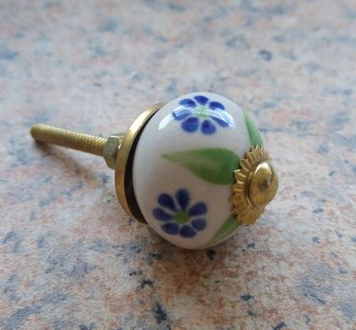 Door Knobs - White with blue flower and green leaves - small
