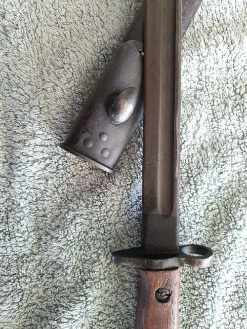 Antique British Pattern 1907 Sword Bayonet by Sanderson with Scabbard, made in April 1916