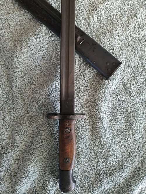 Antique British Pattern 1907 Sword Bayonet by Sanderson with Scabbard, made in April 1916
