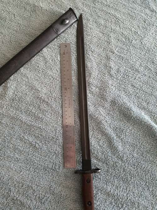 Antique British Pattern 1907 Sword Bayonet by Sanderson with Scabbard, made in April 1916