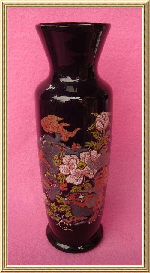 Japanese Black Glass Vase with Floral Pattern from Blisful