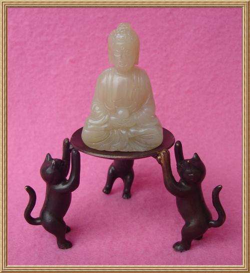 Jade Buddha on Bronze Cats Plint from Blisful