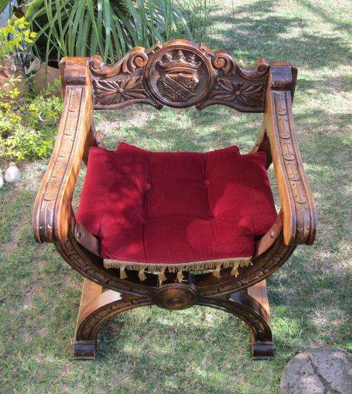 Late Victorian Armorial Carved Oak Cross Framed Throne / Hall Chair from Blisful