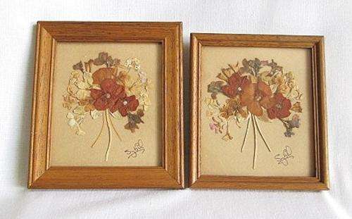 Vintage Pair of Original Signed Dried Flowers Wood & Glass Frames from Blisful