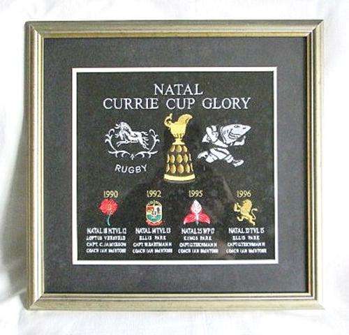 Vintage Original Glass Framed Natal Currie Cup Glory Embroidered Emblems from Blisful