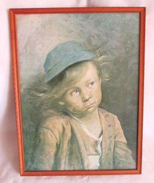 Vintage Solid Wooden Framed 'Crying Girl' from Blisful