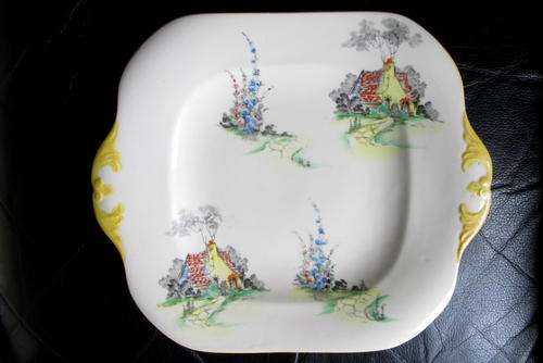 Vintage Hand Painted Floral & Cottage Scene Cake Plate from Blisful
