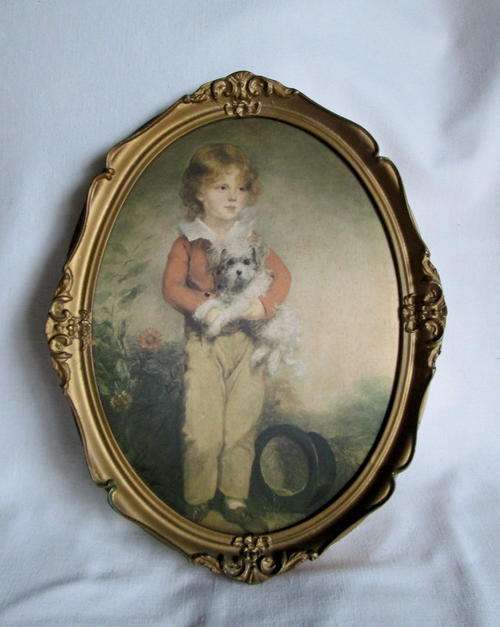 Vintage Ornate Gilt Oval Cushion Frame of French Boy with Dog from Blisful