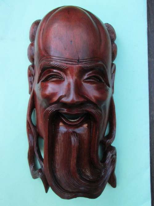 Antique wooden Chinese mask of Shou Xing Star God from Blisful