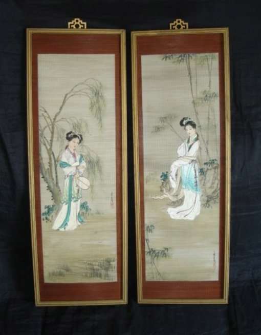 ORIGINAL PAIR of HAND PAINTED on BAMBOO SIGNED from BLISFUL