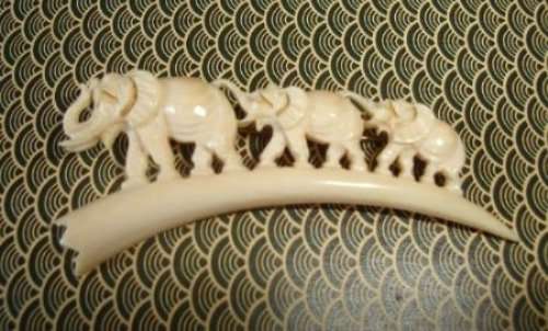 HAND CARVED IVORY " ELEPHANTS " BROOCH