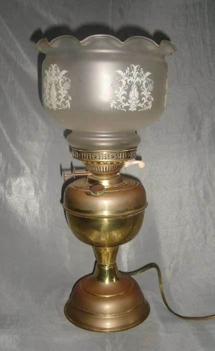 LARGE BRASS PLATED OIL LAMP with GLASS SHADE from BLISFUL