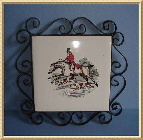 Porcelain Hunting Scene Tiled Metal Trivet from Blisful