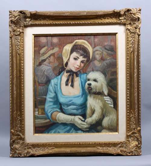 Antique French Impressionist Oil Painting - Female at Paris Cafe with Poodle