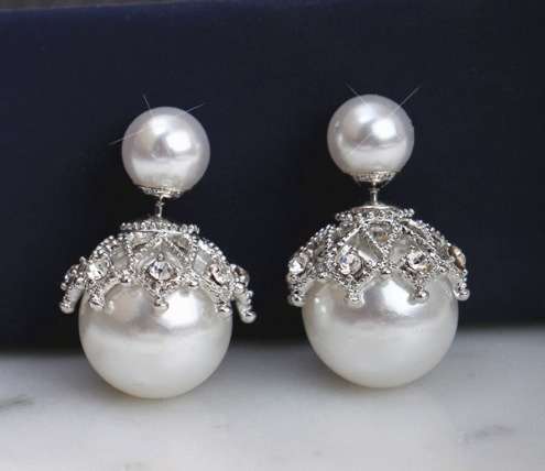 The crystal size double pearl earrings fashion