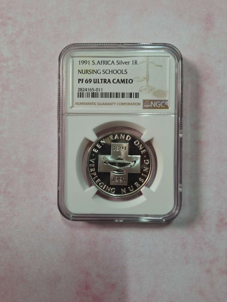 1991 SOUTH AFRICAN SILVER R1 - NURSING SCHOOLS PF69 ULTRA CAMEO