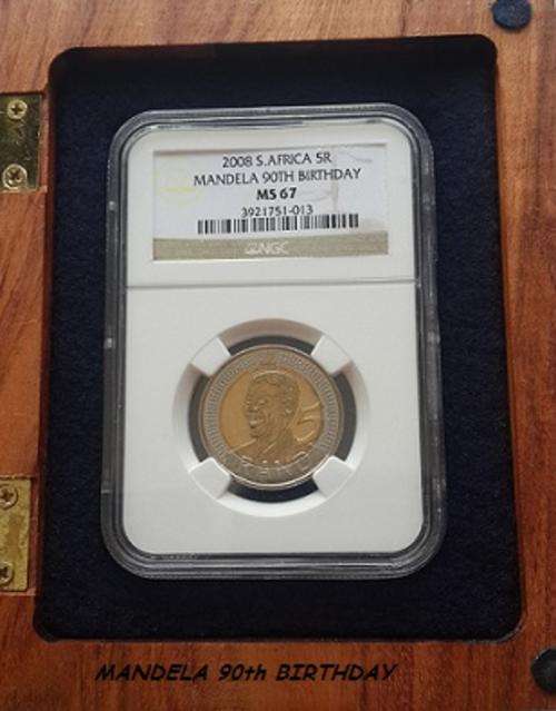 NELSON MANDELA 90TH BIRTHDAY R5 -ROSEWOOD DISPLAY CASE