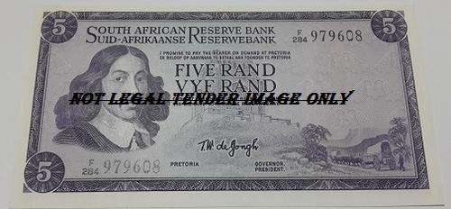 3RD ISSUE FIVE RAND NOTE -T W DE JONGH - CRISP UNC