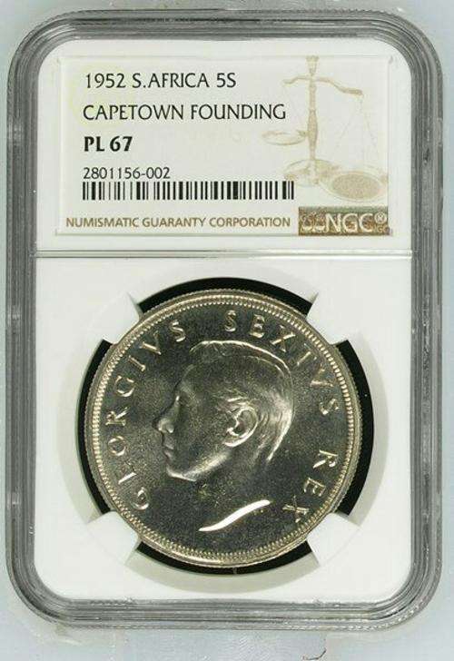 FINEST KNOWN PROOF LIKE - 1952 SOUTH AFRICA 5 SHILLING - NGC GRADED PL67