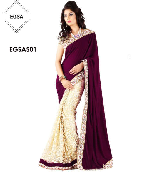 Elegant Magenta Velvet and Lace Saree