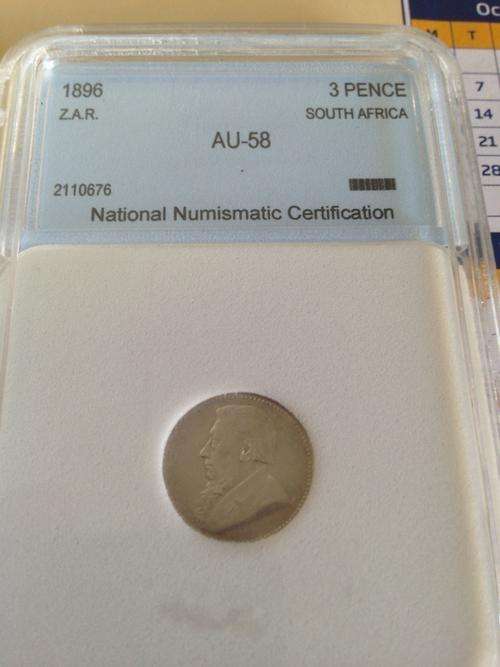 1896 3 pence NNC graded AU58