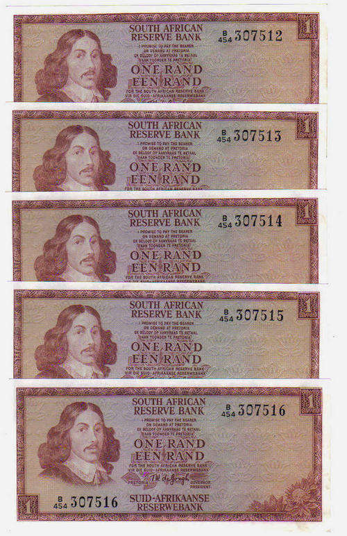 5 X UNCIRCULATED TW de Jongh R1 consecutive numbers